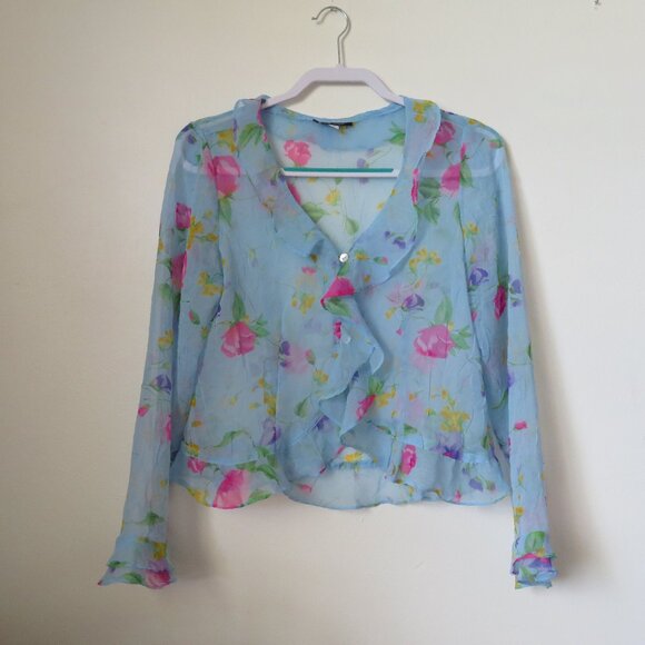 Boston Proper Floral Ruffle Sheer Blouse Blue Women's Small Size 6 - Picture 1 of 10